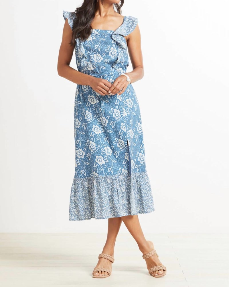 Front of a model wearing a size L Poppy Dress in Navy Multi Mix in Navy Multi Mix by Paige. | dia_product_style_image_id:335221